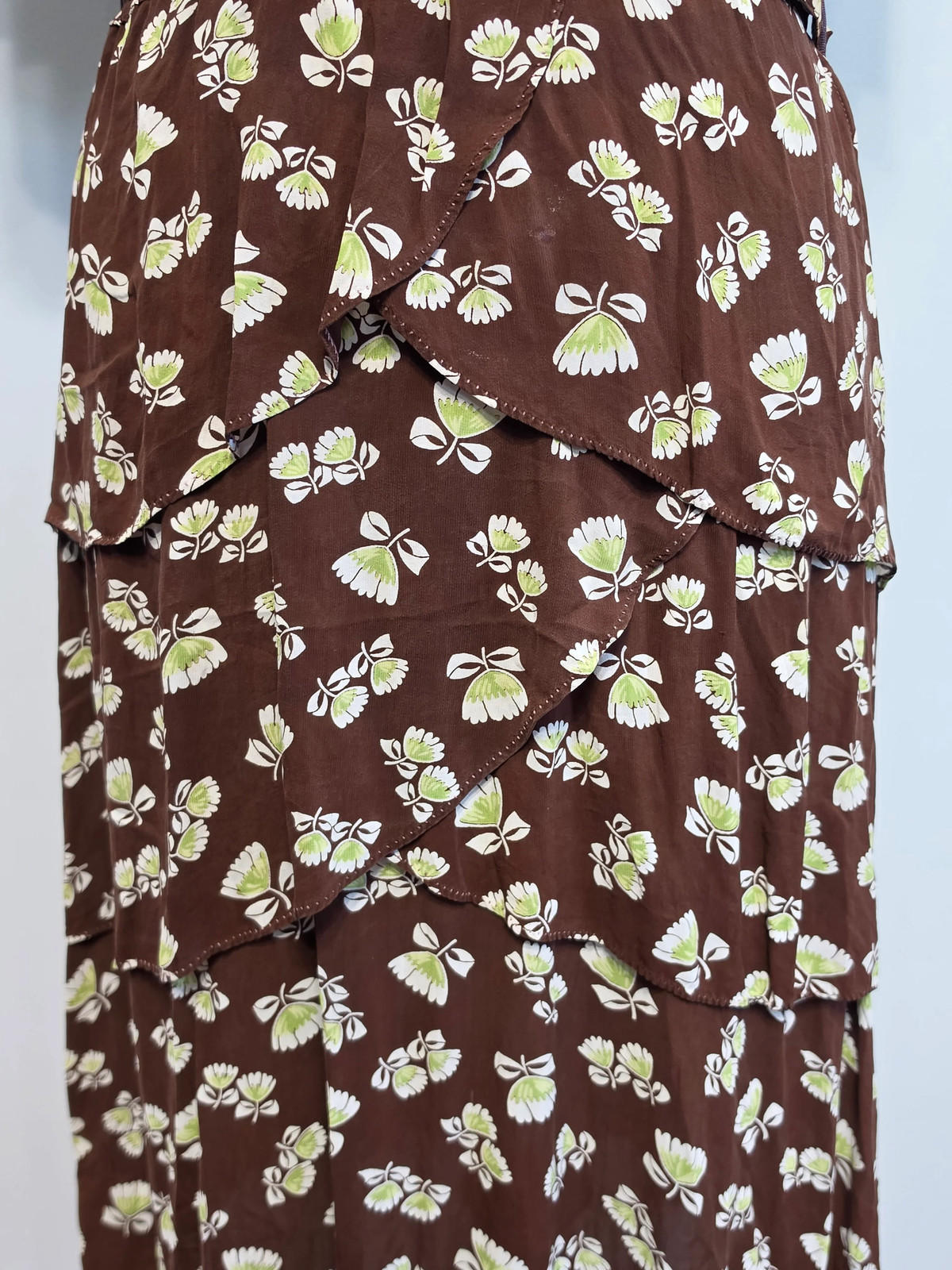 Vintage 1930s 1940s Brown Peplum Dress Flower Print Tulip Novelty (34″ waist)