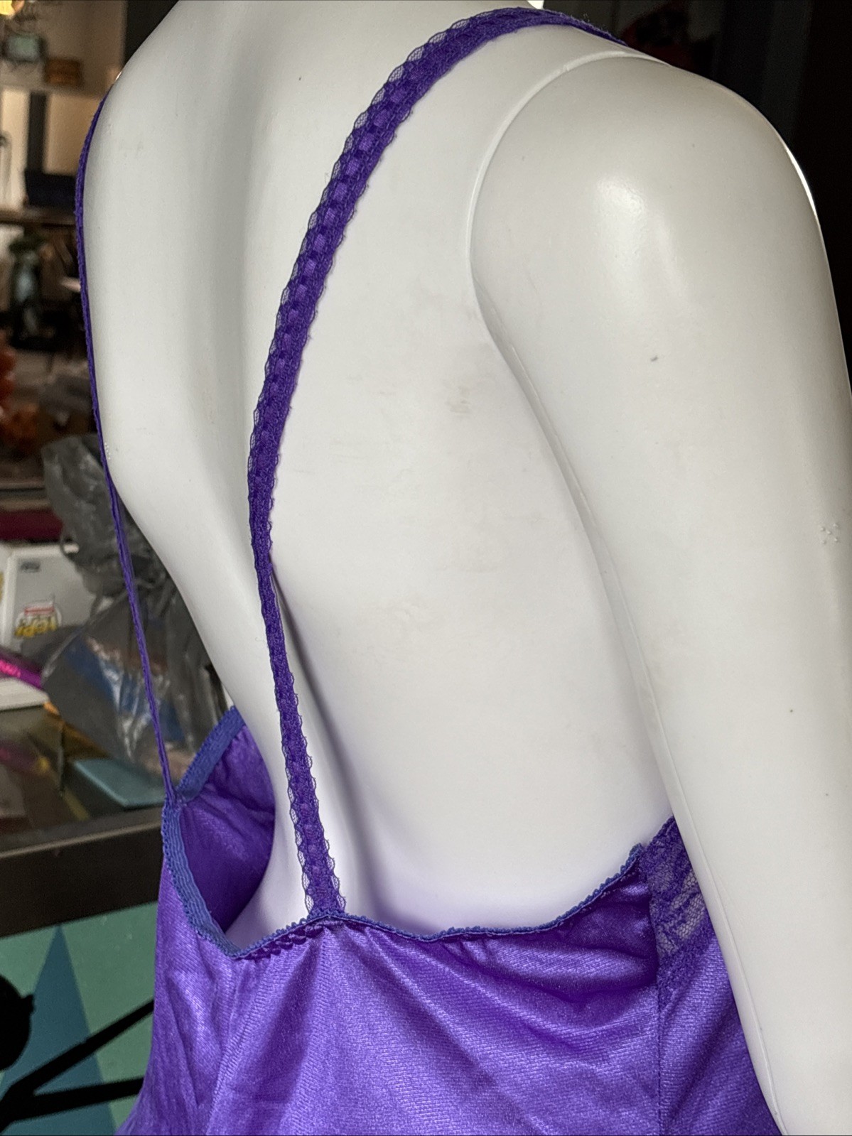 VTG Lingerie 80s 90s Medium Purple Nylon Unbranded Lace and Mesh Babydoll 32″