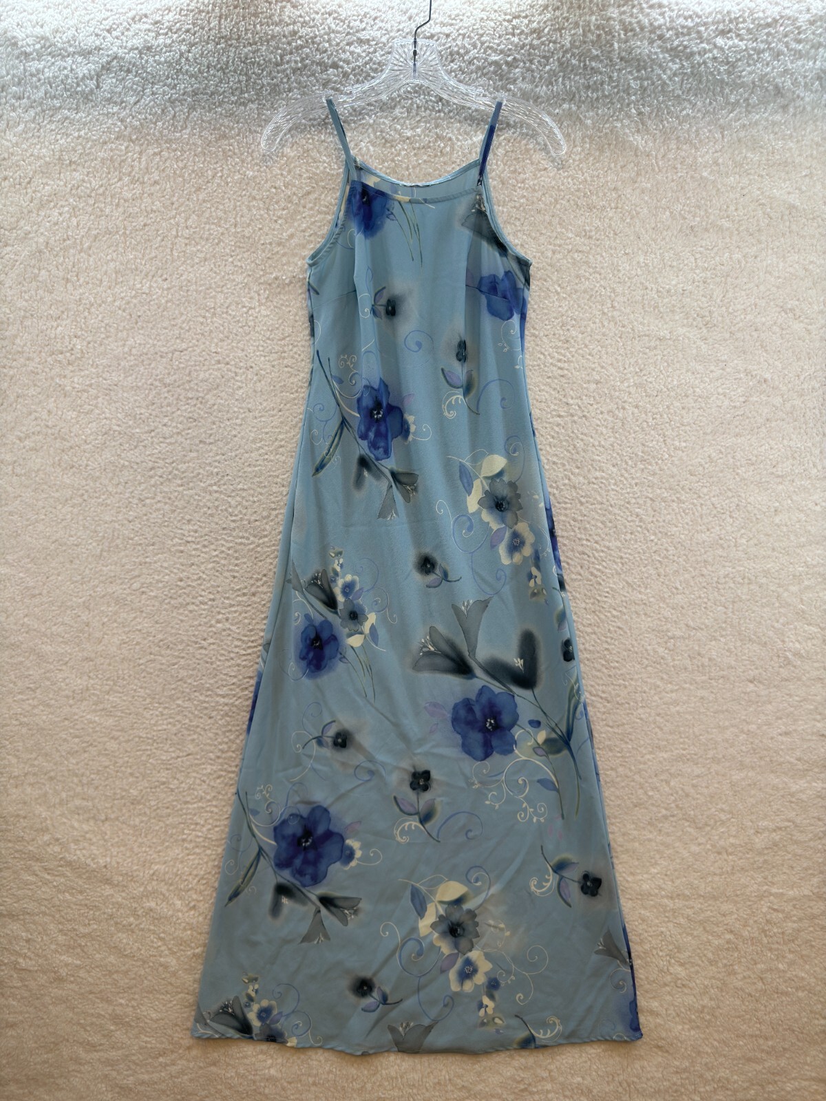 90s Y2K Vintage Maxi Dress Large Blue Floral Full Length Sleeveless Cottagecore