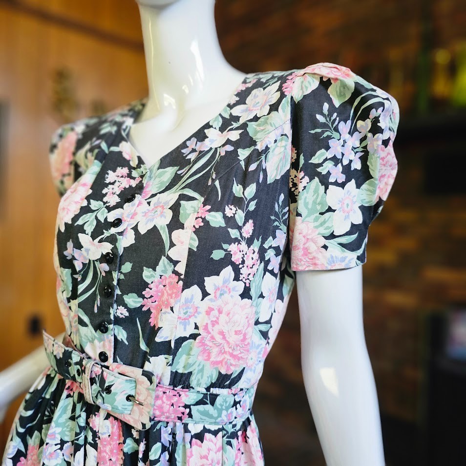 Vtg 80s Huge Puff Romantic Granny Floral Belted Shirtwaist Pockets Tea Dress M