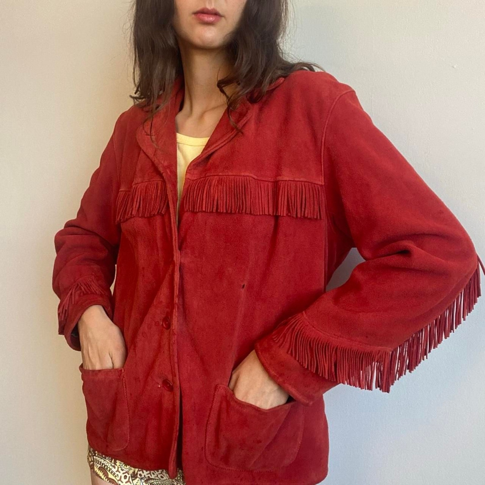 1970s red orange suede leather fringe jacket