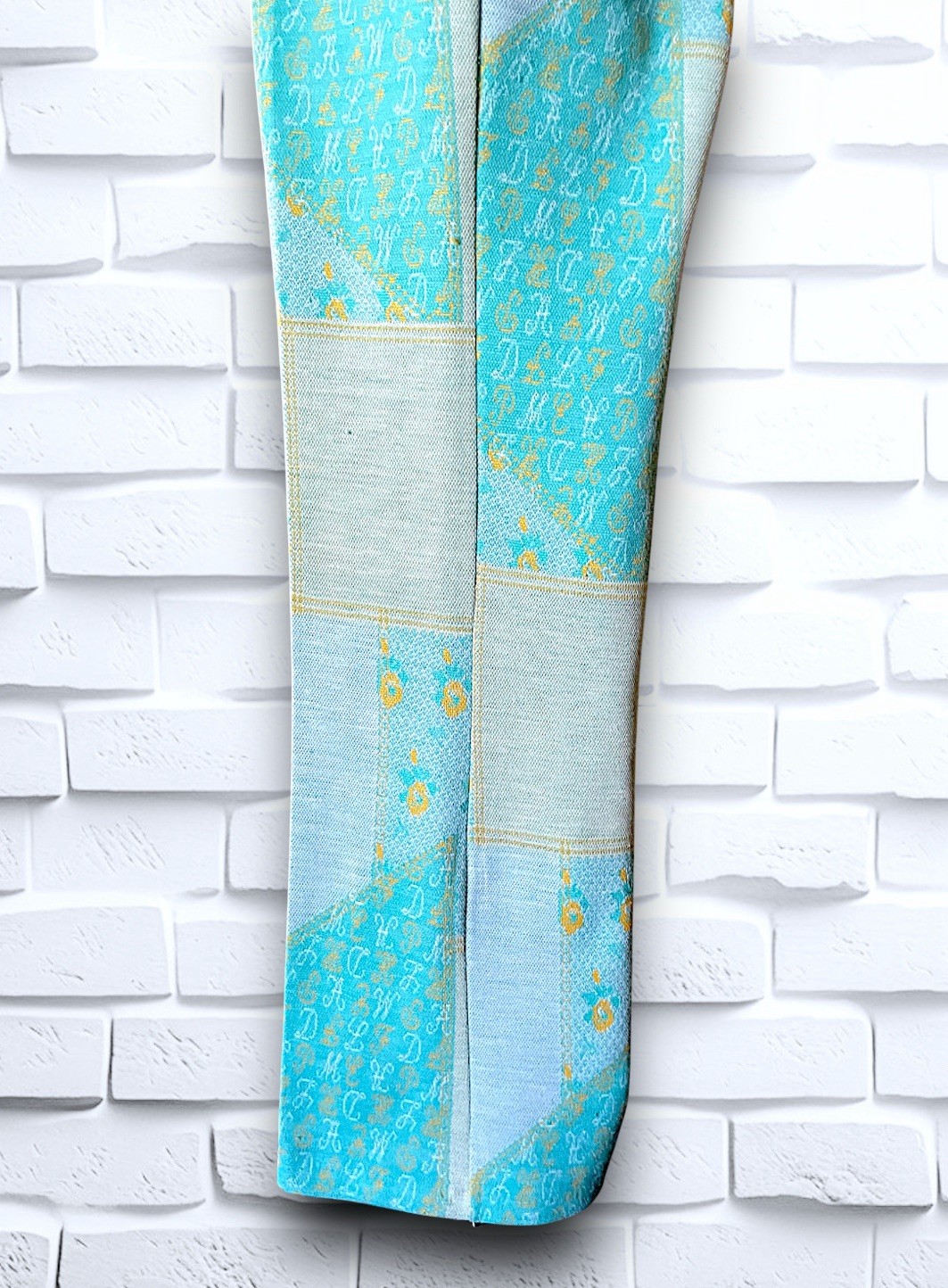 1960’s Teal, Sea Foam Green & Yellow Patchwork & Monogram Pattern Suit Spring