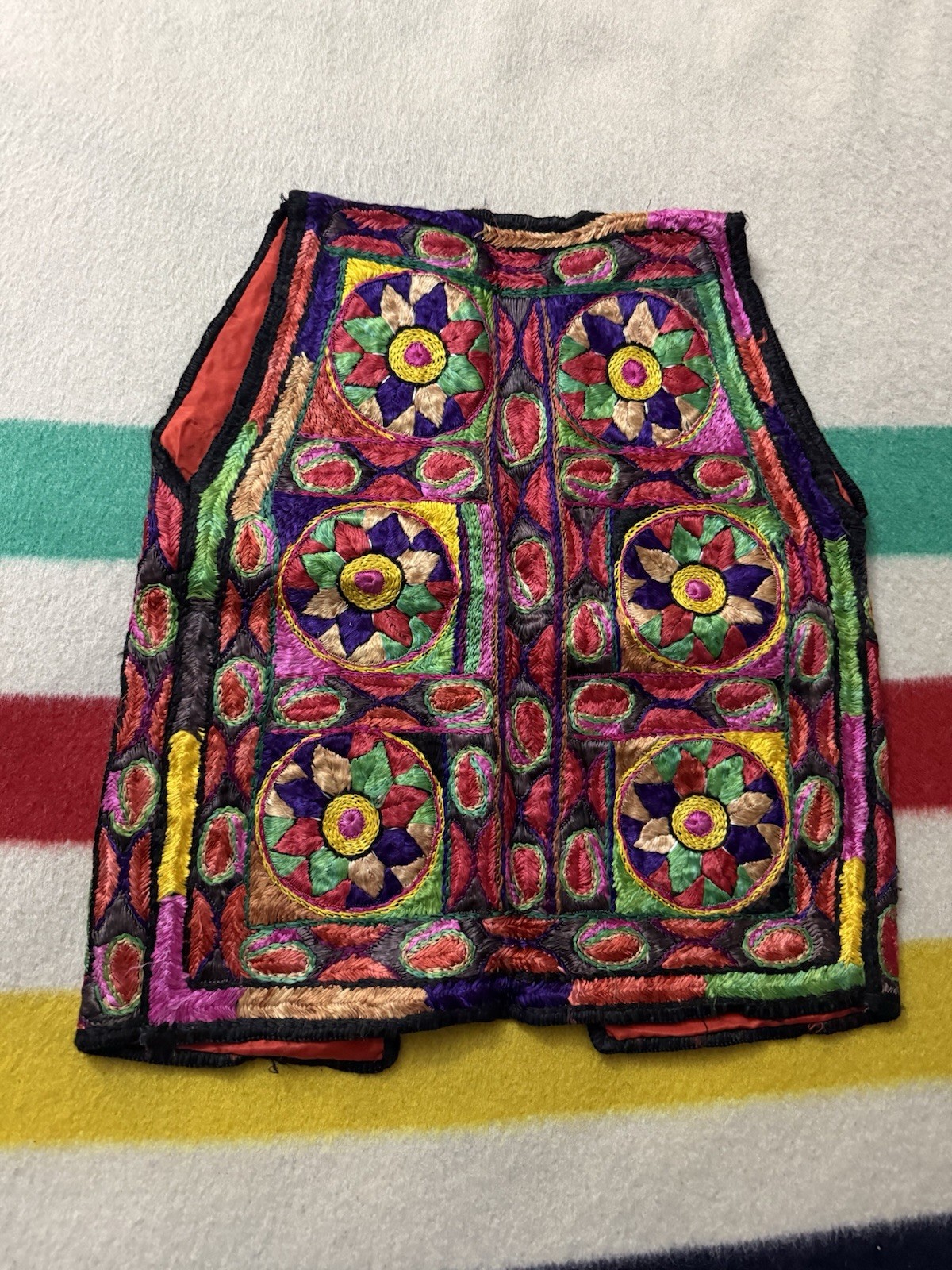 Vintage 50s 60s Afghan Hippie Flower Embroidery Vest Extra Small XS Colorful