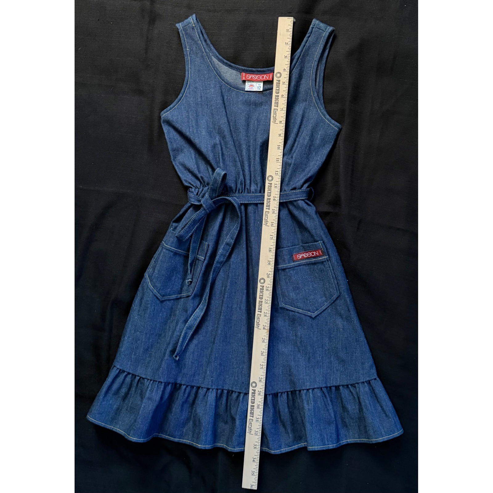 70’s Sasson denim dress size 12Union label Western, A-line, Ruffle Made in USA