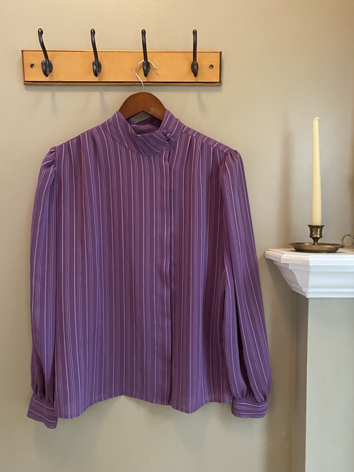 Vintage Purple Striped High Neck Long Sleeve Blouse Size 12 Large