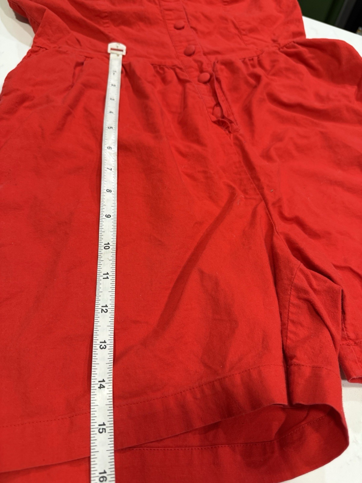 Vintage 1980s Red Romper Button Up Lace Back Pockets Size S Cotton Fashion Force