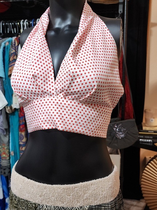 Vintage 70’s White Halter Crop Top with Red Polka Dots