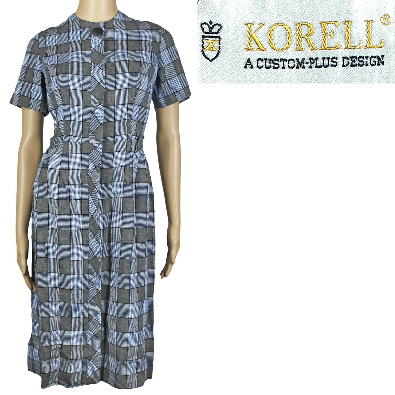1950s Vintage Dress Blue Gray Cotton Patchwork Plaid Korell Rockabilly Fall 10