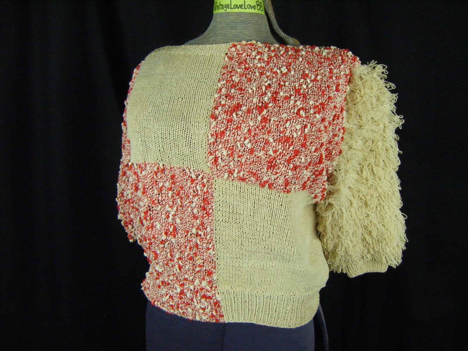 Vtg 80s Ivory Red Cotton Blended Looped Fringes Sweater-Bust 42/S-M