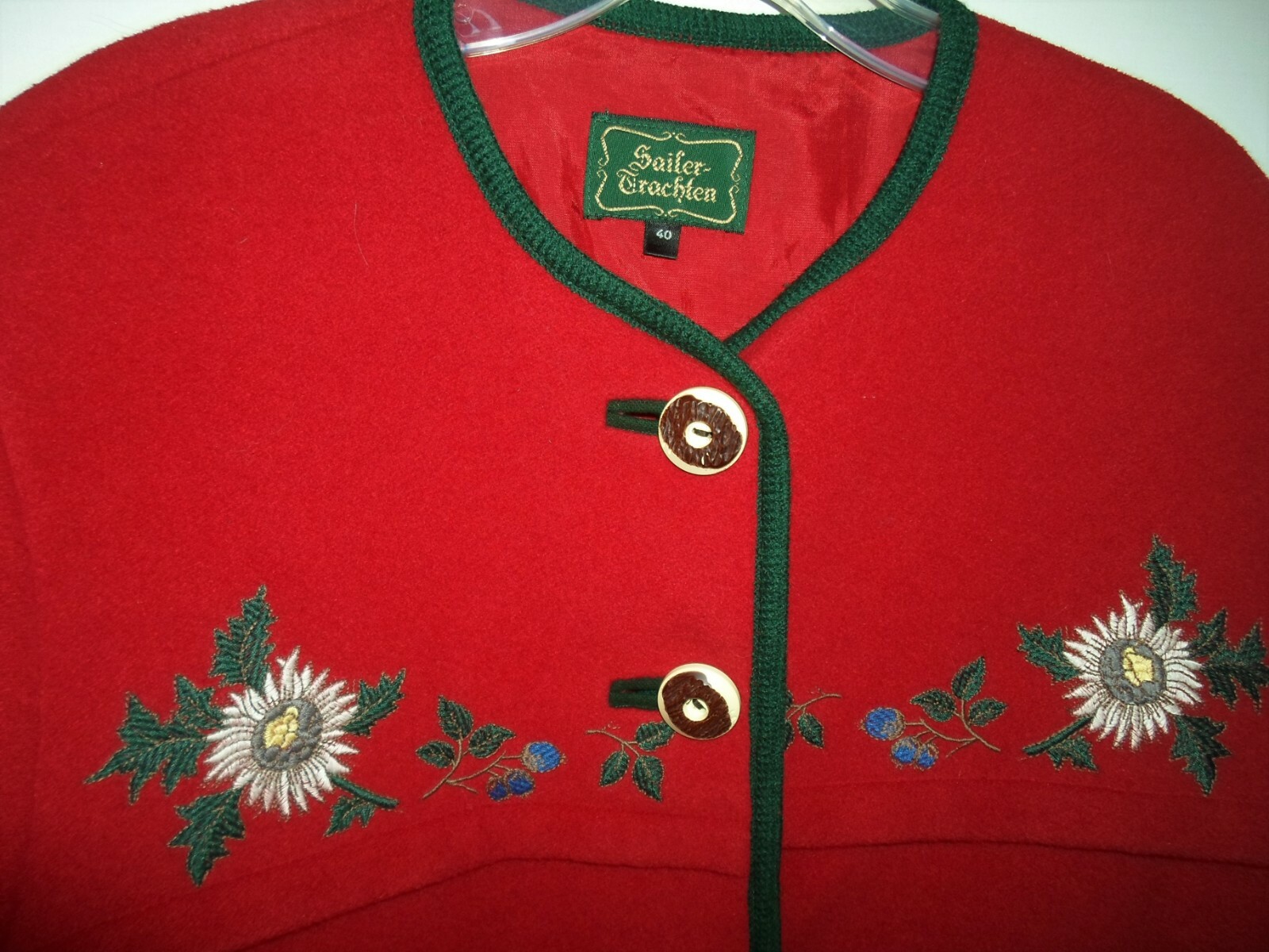 Sailer Trachten Wool Blend Sz 40 Jacket/Blazer Red Green Trim Floral Embroidery