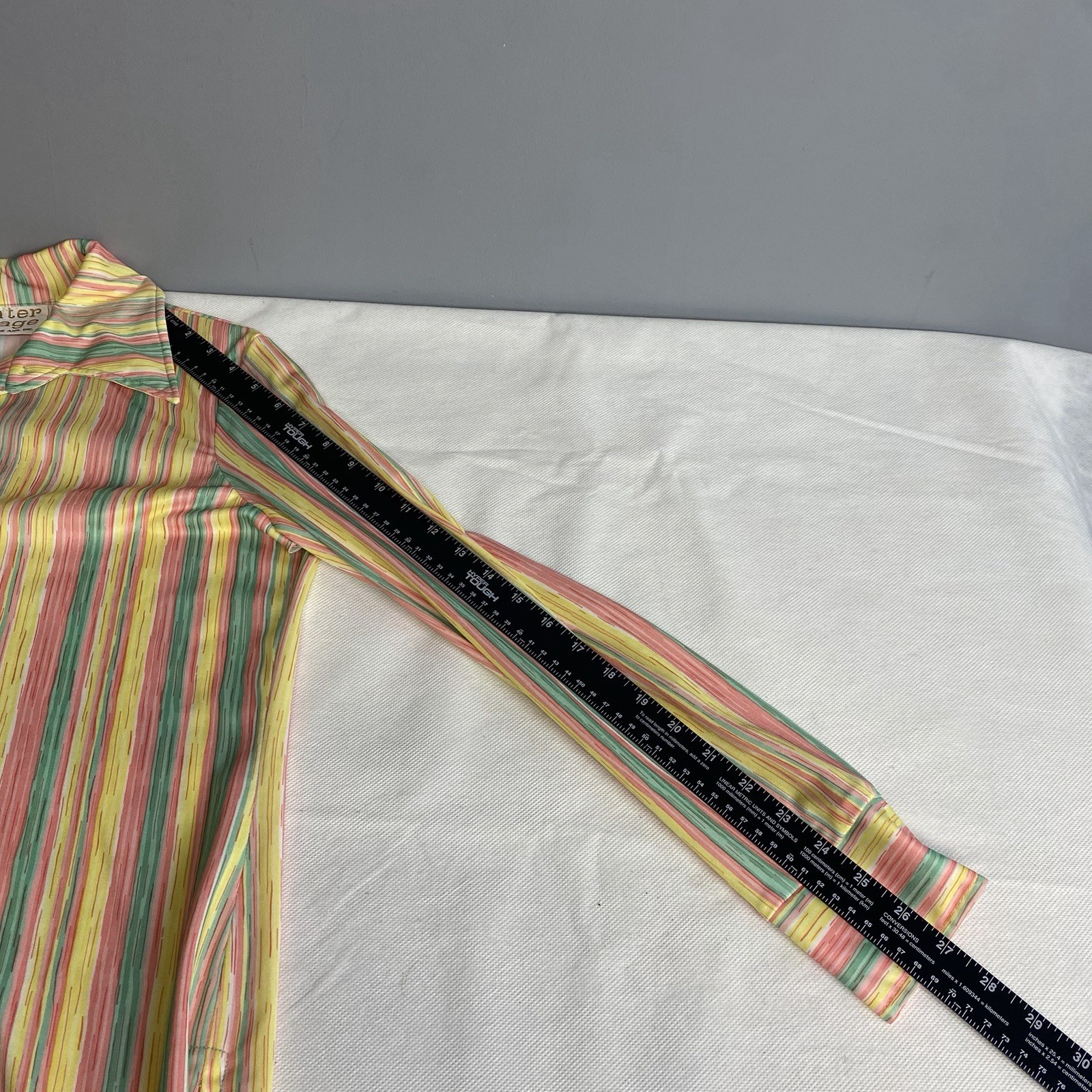 Vintage 70s Center Stage Button Down Shirt Women Medium Yellow Stripe Disco Flaw