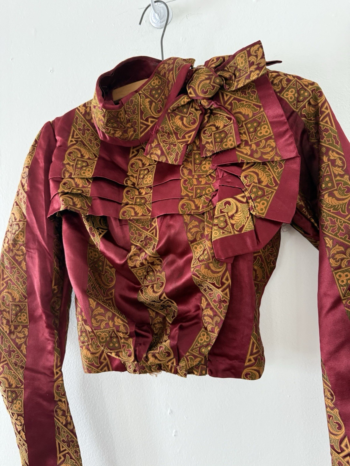 Antique Victorian Brocade Silk Satin Bodice Jewel Toned Boning 1800s XXS/XS