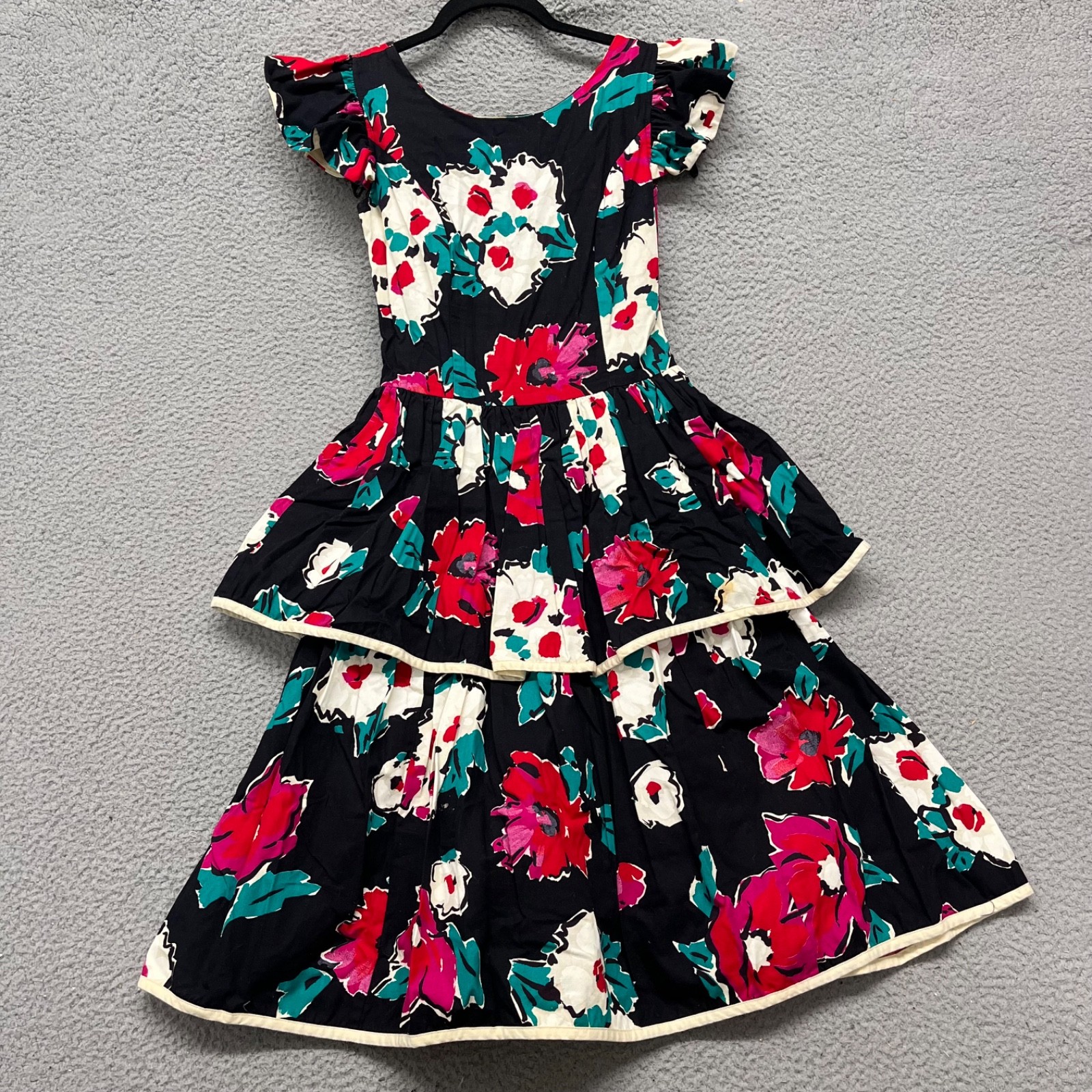 Vintage Misty Lane Dress Womens 3/4 Black Floral Layered Bow 80’s Retro Pinup