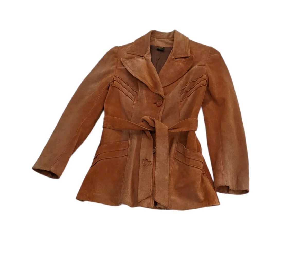 Suede Belted Peacoat 70s Brown Tan Lined Size 9/10