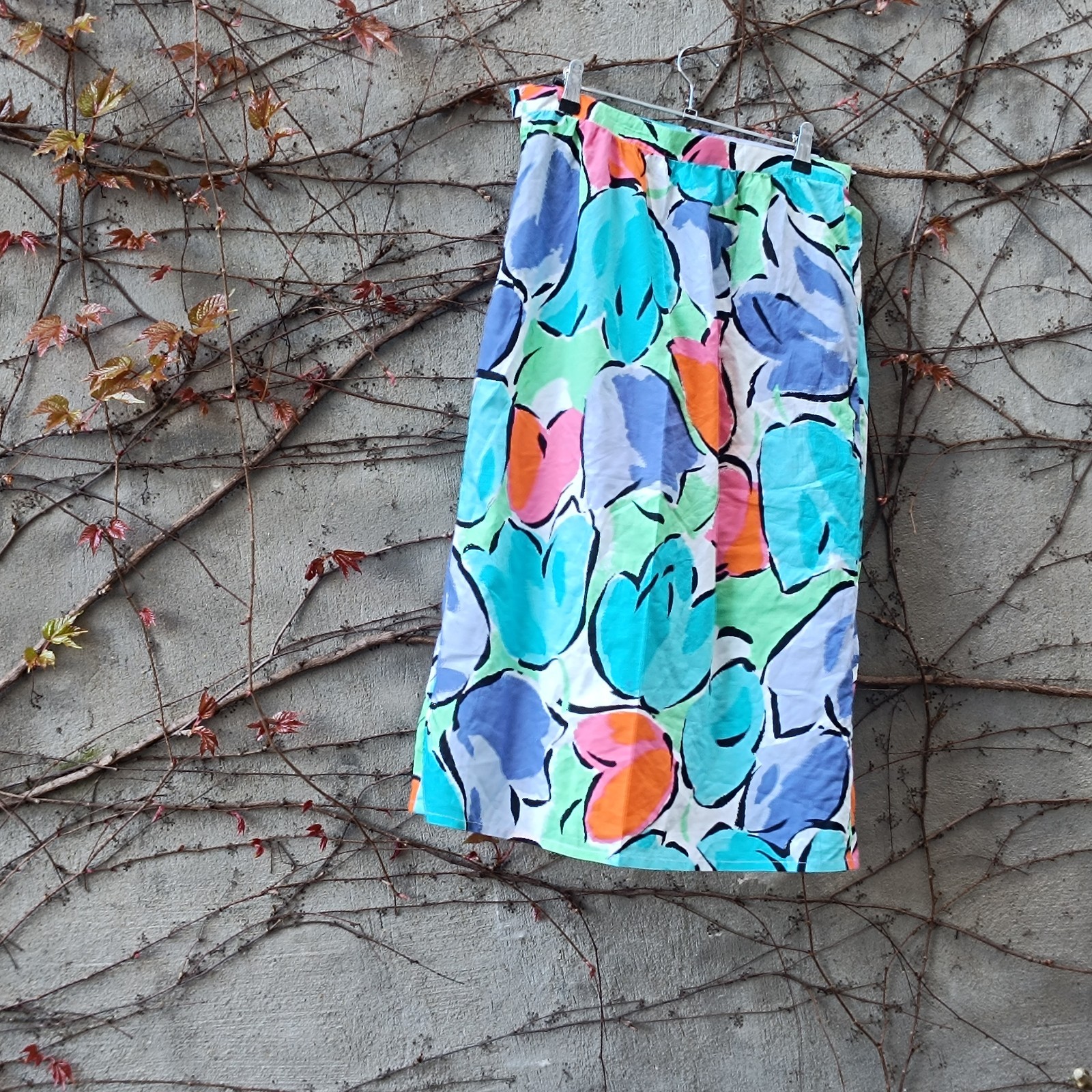 Vintage Midi Skirt Floral High Waist Cotton Multicoloured 70s A Line