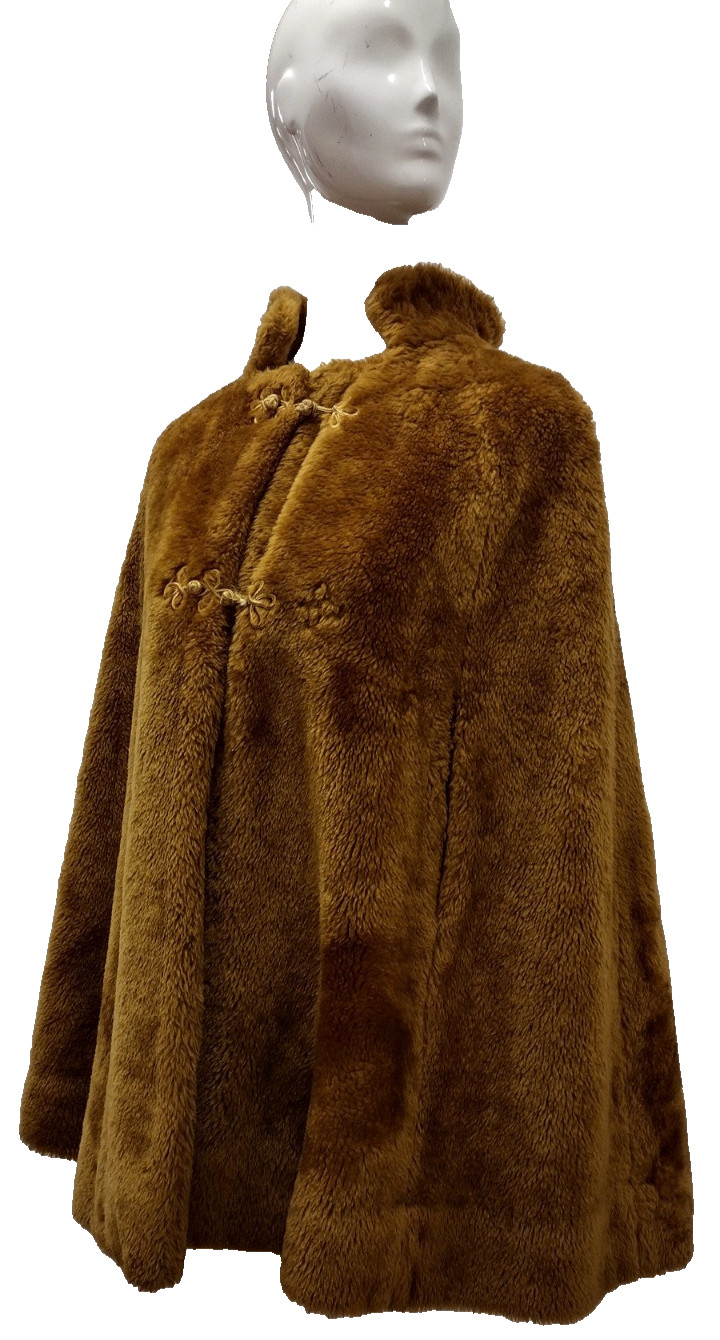 70s Faux Fur Cape Bohemian Look Mustard Bronze Color ASIAN FROG BUTTONS Size S