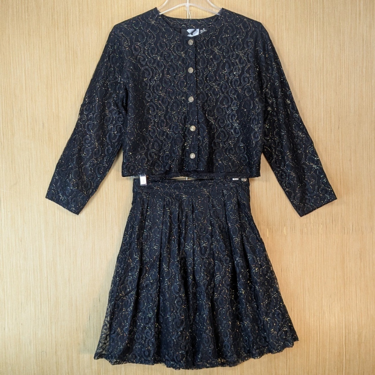 Urban Outfitters Vintage Womens Black Gold Metallic Lace Skirt Jacket Set Small