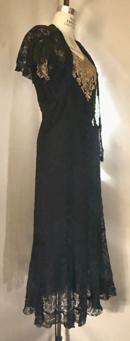 Vtg 1930s HOLLYWOOD DECO DRESS, 2 pc, ELABORATE ALENCON LACE w/ ILLUSION BODICE
