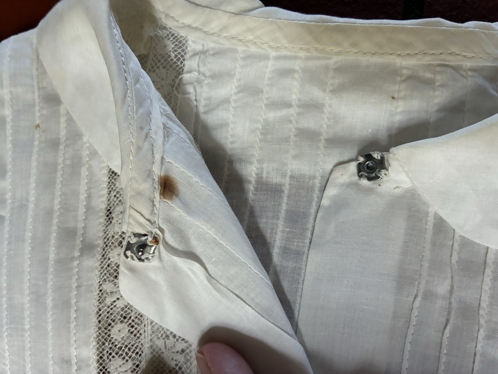 Vintage Handmade 40s White Pintuck Lace Button Up Blouse Top Size M