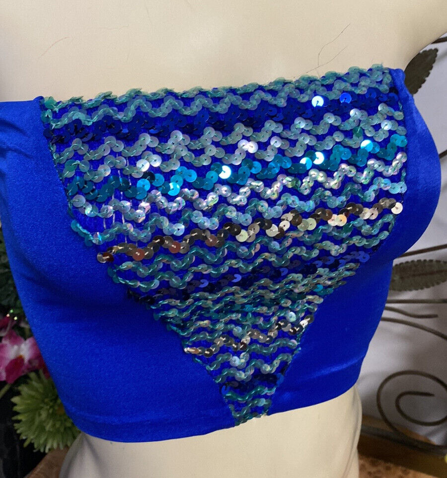 WOMEN’S VINTAGE 80s SEQUIN ROYAL BLUE SHINY SPANDEX TUBE TOP BANDEAU-ONE SIZE
