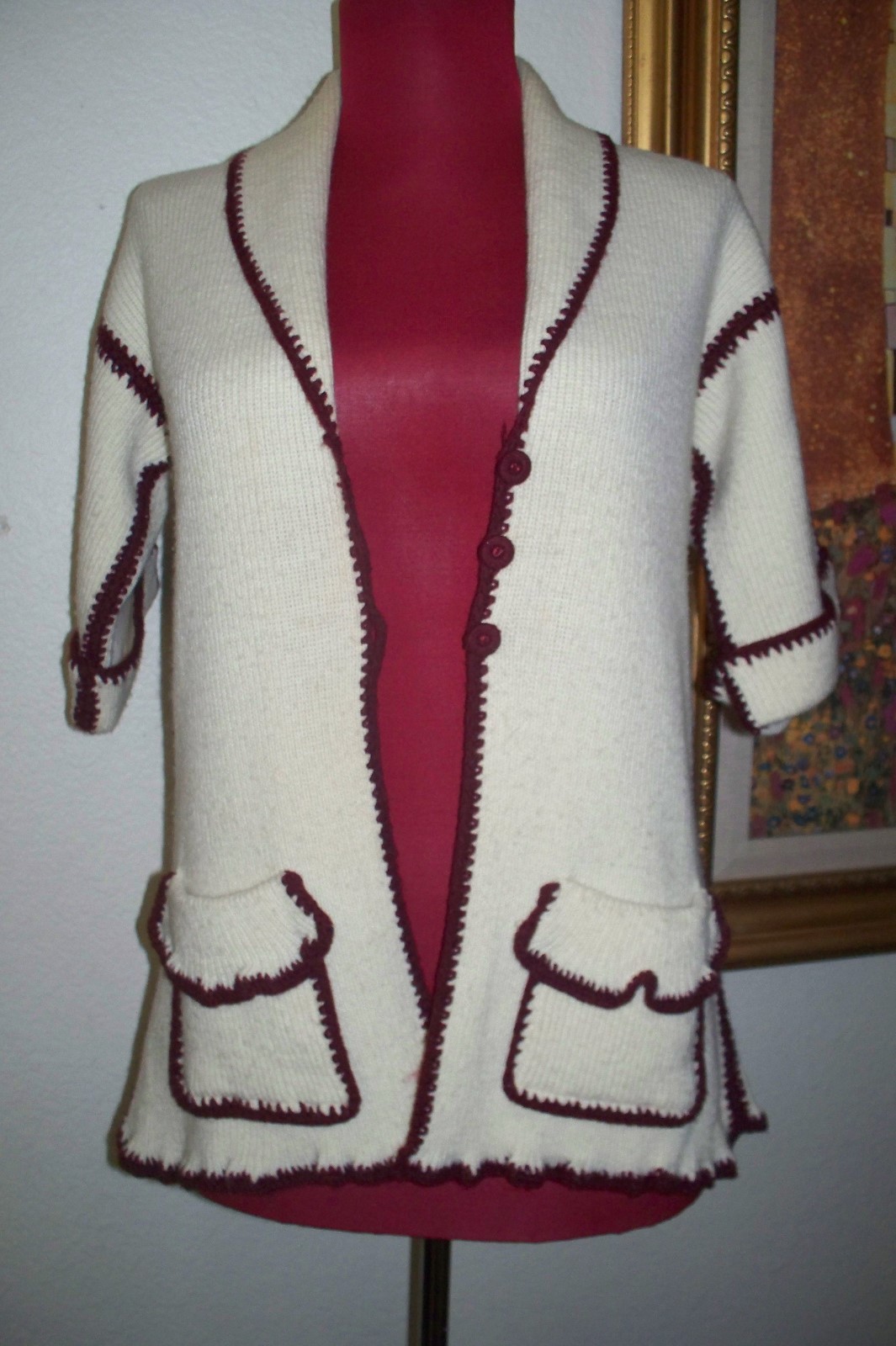 Vintage Hippie Bohemian Knit Burgundy & Off White 2 Tone Women’s Sweater sz L