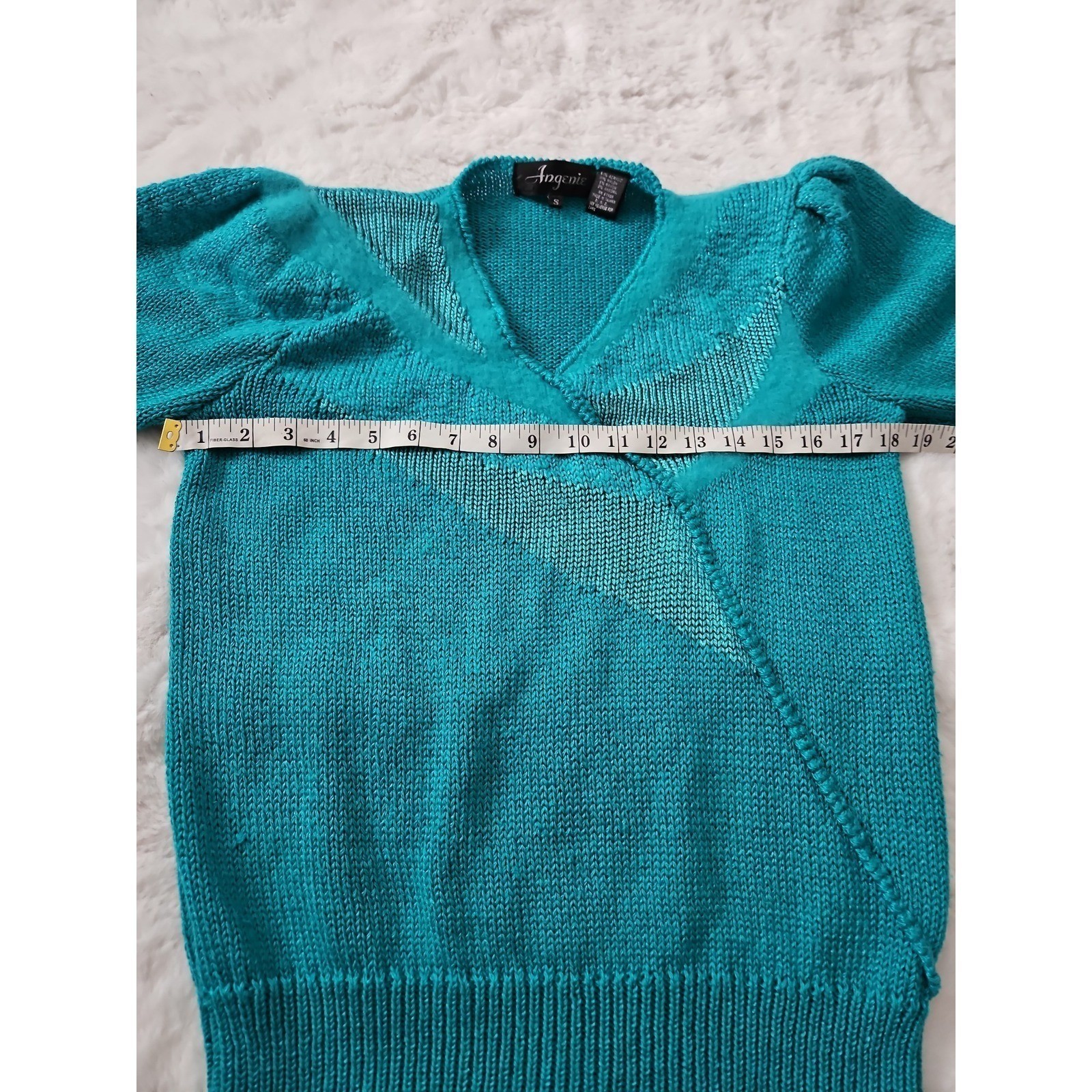 Angenie Sweater Women Small Teal Blue Excellent Vintage 80s V-Neck Angora Blend