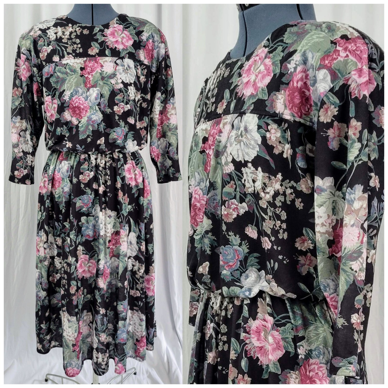 Vintage Meryl Fashions Ltd Black Blouson Dress w Pink & Green Florals Size 12