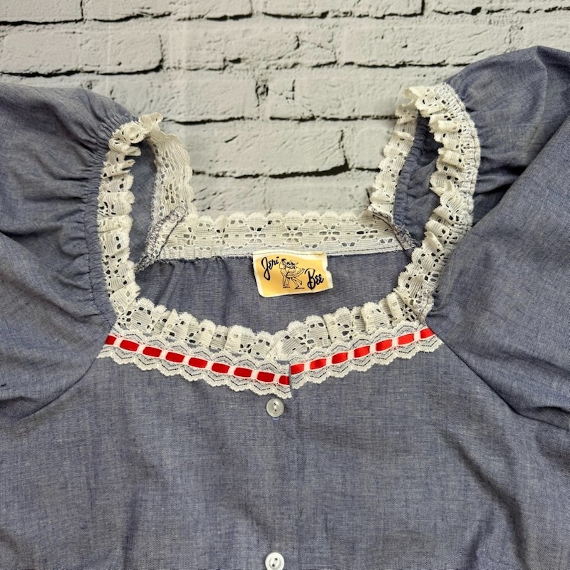 Vintage Jeri Bee Square Dance Cottagecore Lace Collar Western Blouse Top Blue