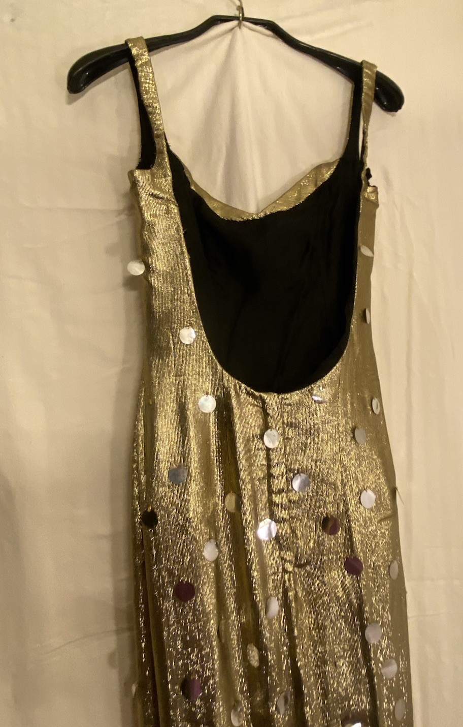 long evening dress gold + sequins in the style of the 30s large back neckline size 34