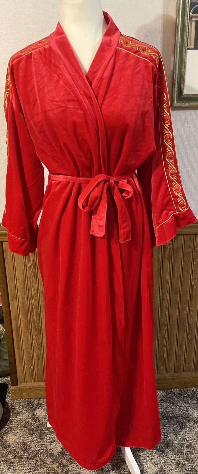Vtg Dressing Gown Bathrobe Housecoat Red Velour Belted Embroidered Gold Lara Dee