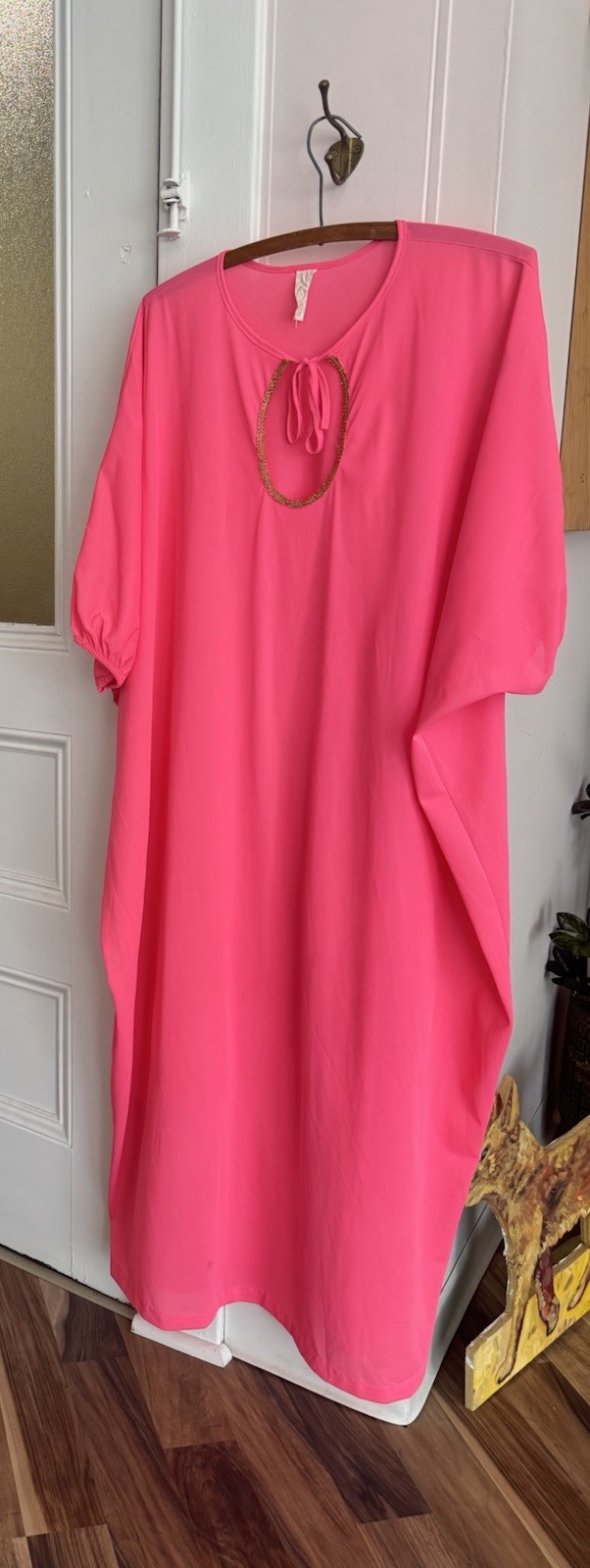 Vintage 60’s 70’s Hostess Caftan Nightgown Nylon Day-glo Pink Maxi Dress Onesize