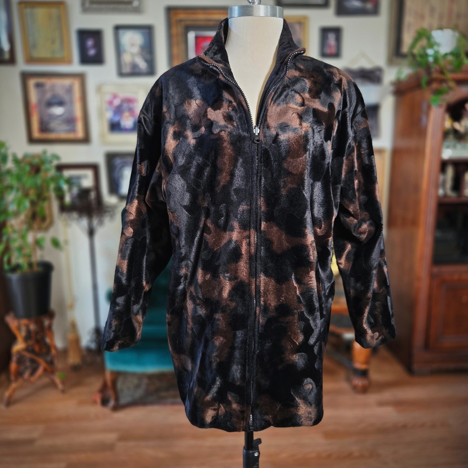 Elnora Faux Fur Jacket Vintage 90s Brown Black Abstract Plush Zip Coat Large