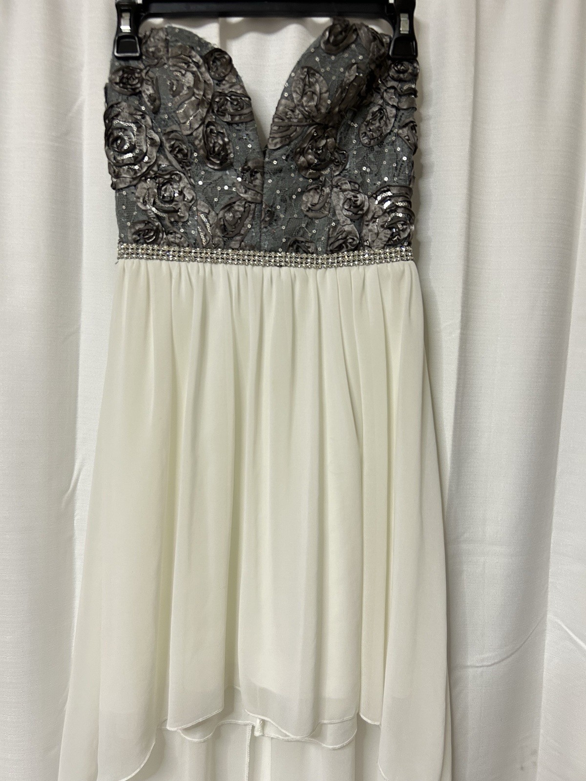 Vintage Deb Formal Prom Dress Hi Lo Sequin Strapless Silver White Y2K 3