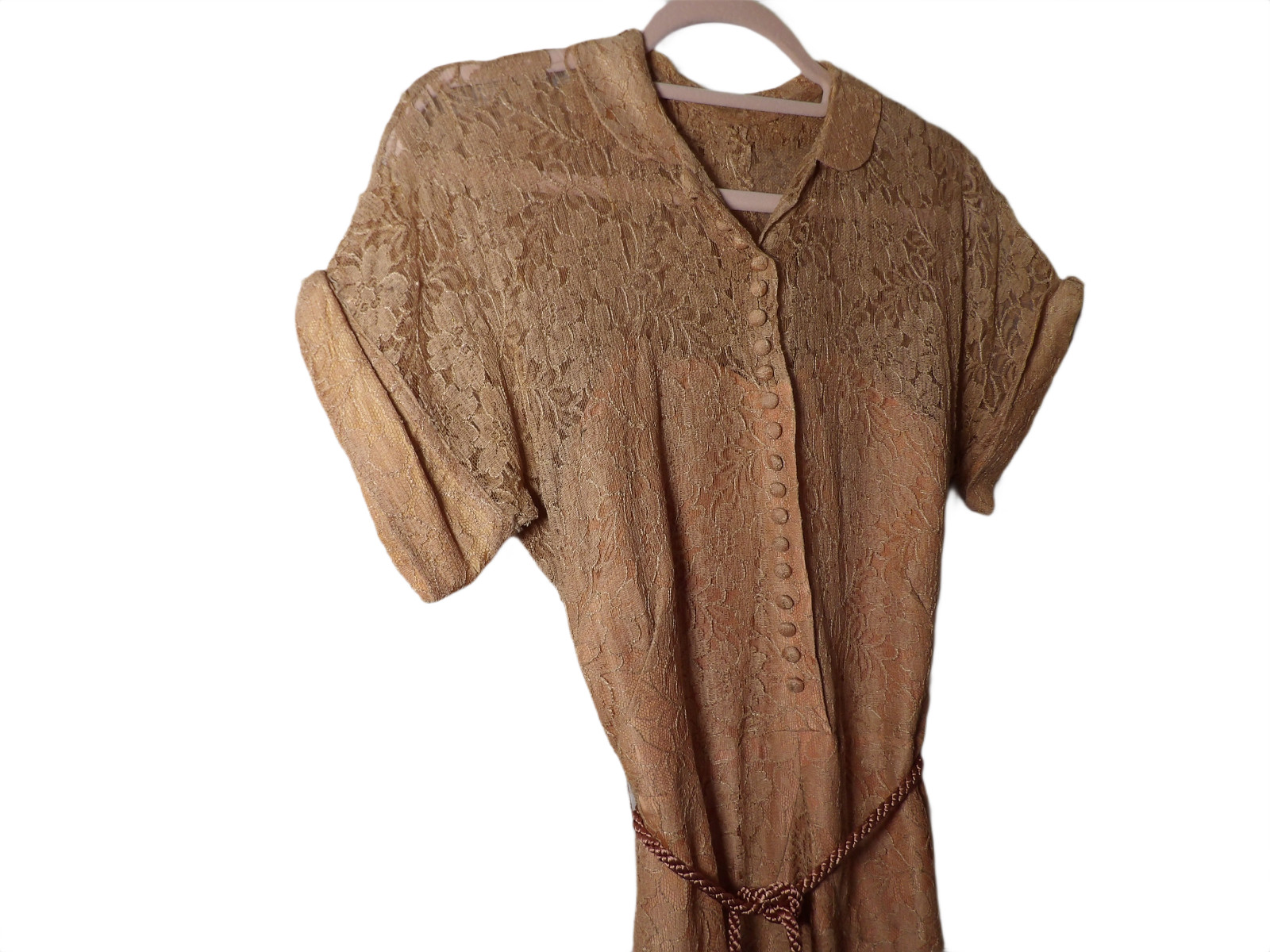 1930’s Vintage Terracotta Lace Dress w/ Collar + Button Down Size XS