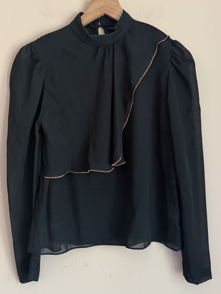 Vintage Blouse 70s 80s Silky Secretary Ruffle U Turn Womens Size Medium Sheer