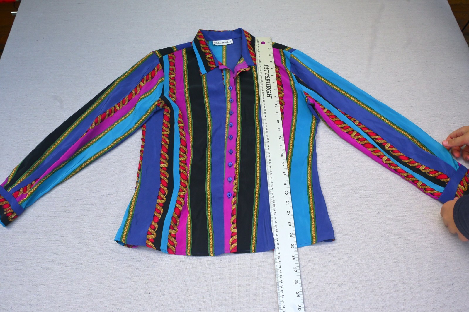 Helene St. Marie Vintage 90s Womens S Baroque Scarf Print Blouse Rope Chain Bold