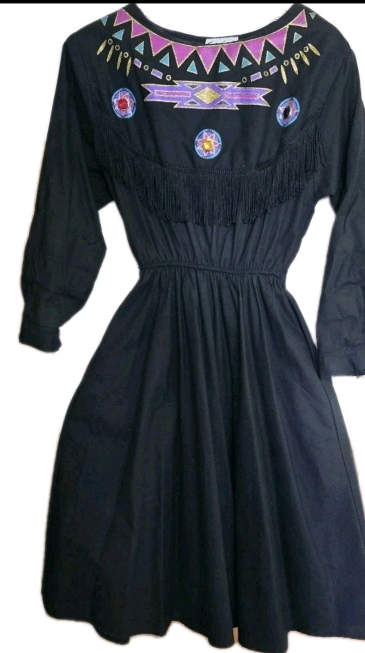 Sas’sa VTG 80s Western Black Dress Sz 7-8 Fringe Bling Embellished Rodeo Cowgirl