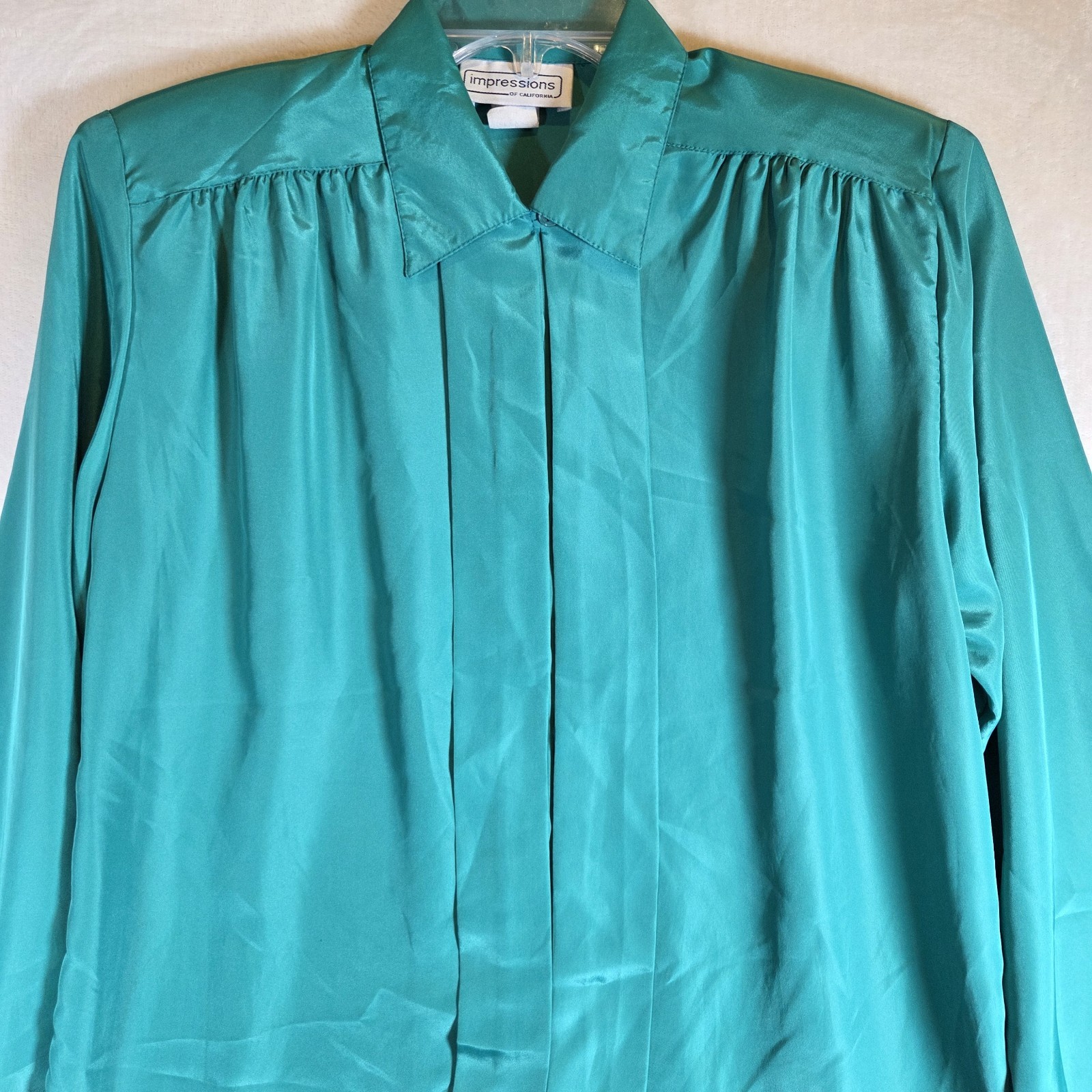VTG Impressions of California Women Blouse Sz 12 Green Satin Long Sleeve 80 90s
