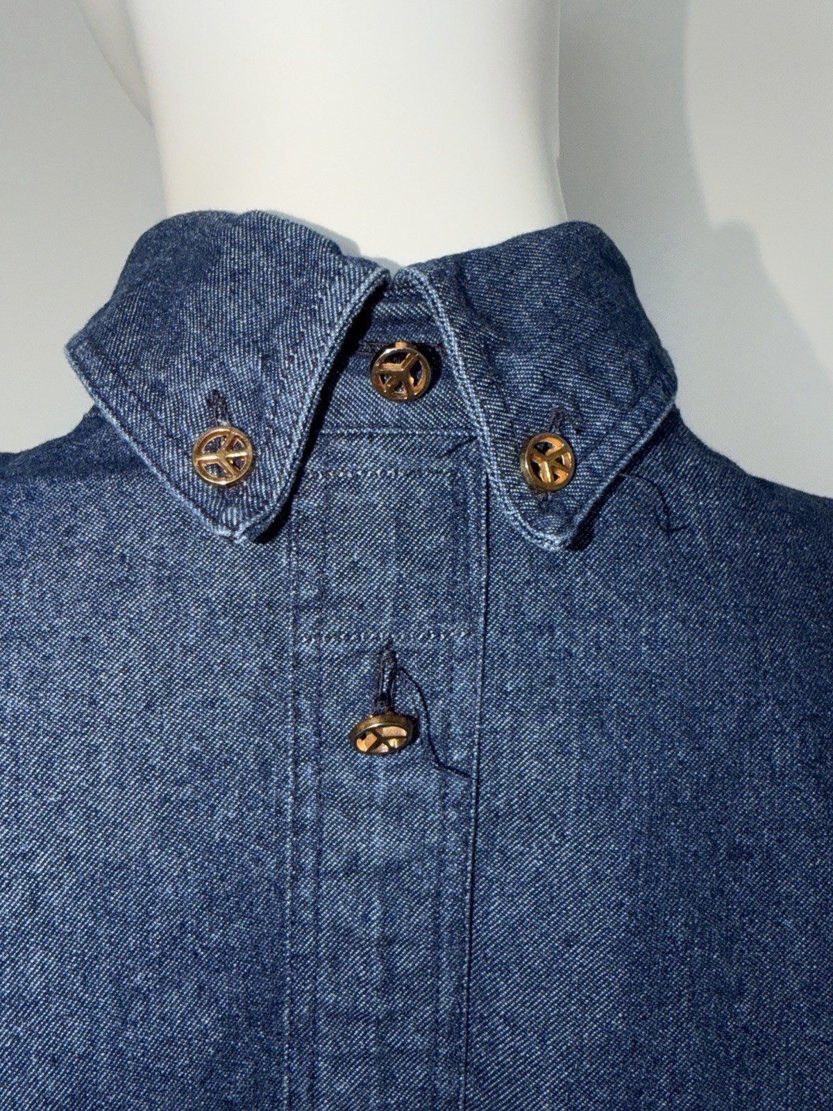 VTG 90s Franco Moschino Jeans Iconic Backwards Heart Peace Signs Denim Shirt MED