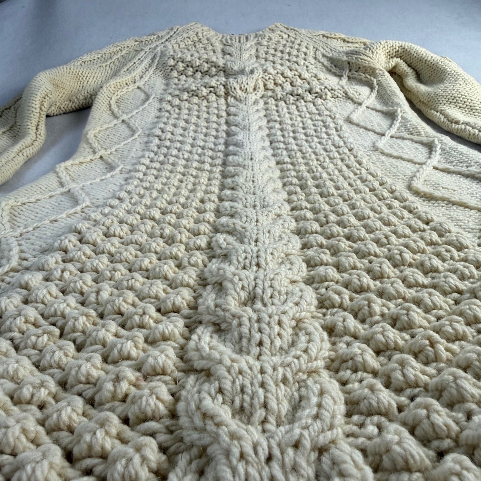 Vintage Handmade Wool Cable Knit Sweater Dress Cream A-Line Aran Fisherman Zip