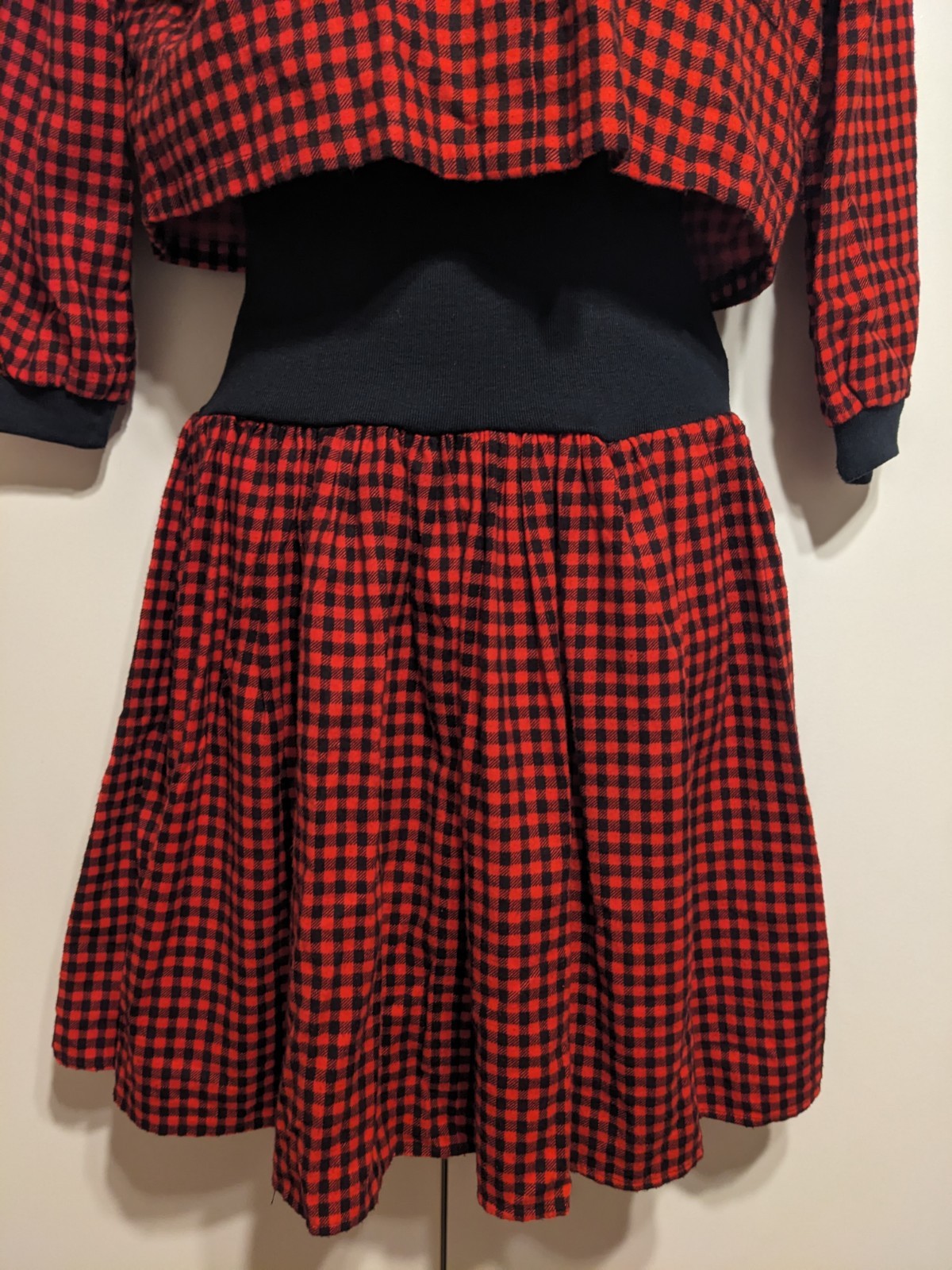 Vintage 80s red black plaid jumper dress drop waist You too Babes USA shirt 90s
