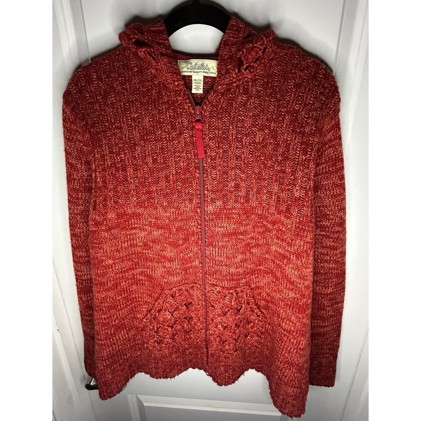 Vintage Y2k Cabela’s Knitted Full Zip Sweater Jacket With Crochet Hood & Pockets
