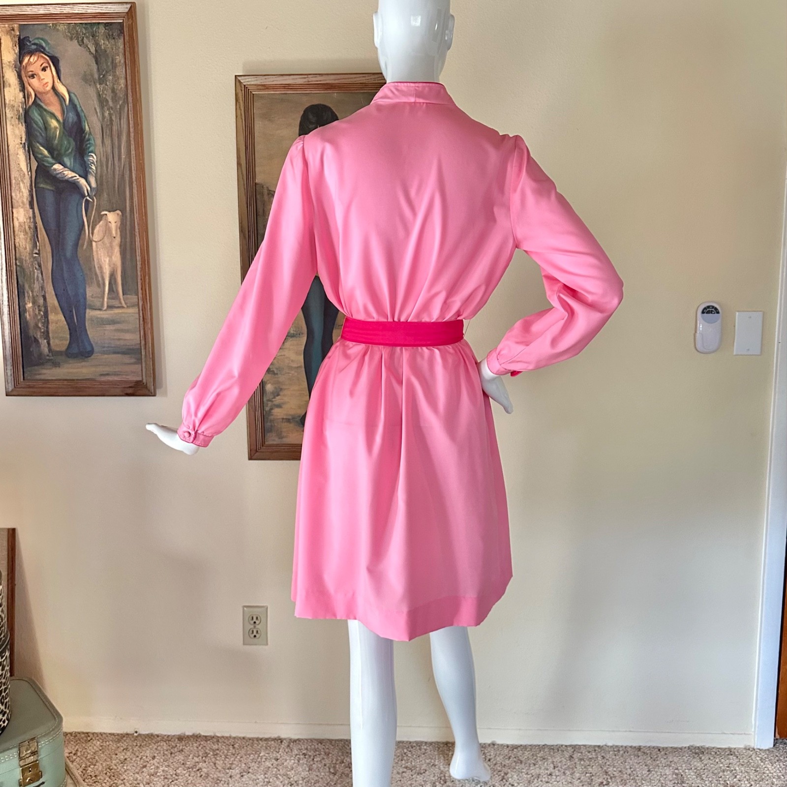 Vintage 1970s Bubblegum Pink Color Block Secretary Day Dress SATC Disco L