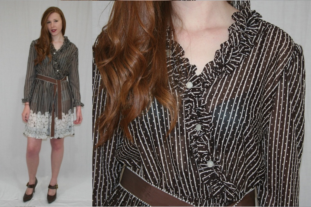 Vintage 80s Sheer Brown White Stripe FLORAL Dot Ruffle BOHO Secretary Dress M