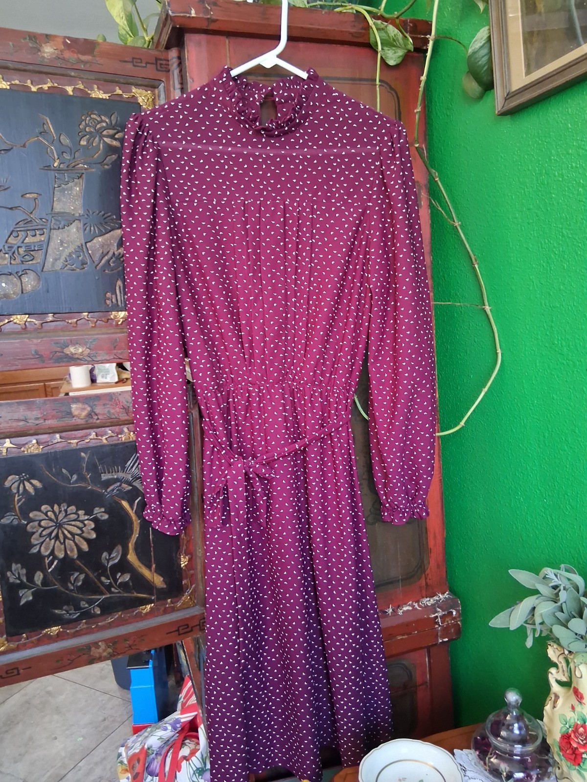 Vintage Burgundy Long Sleeve High Collar Dress Miss Oops California Cottage 70s