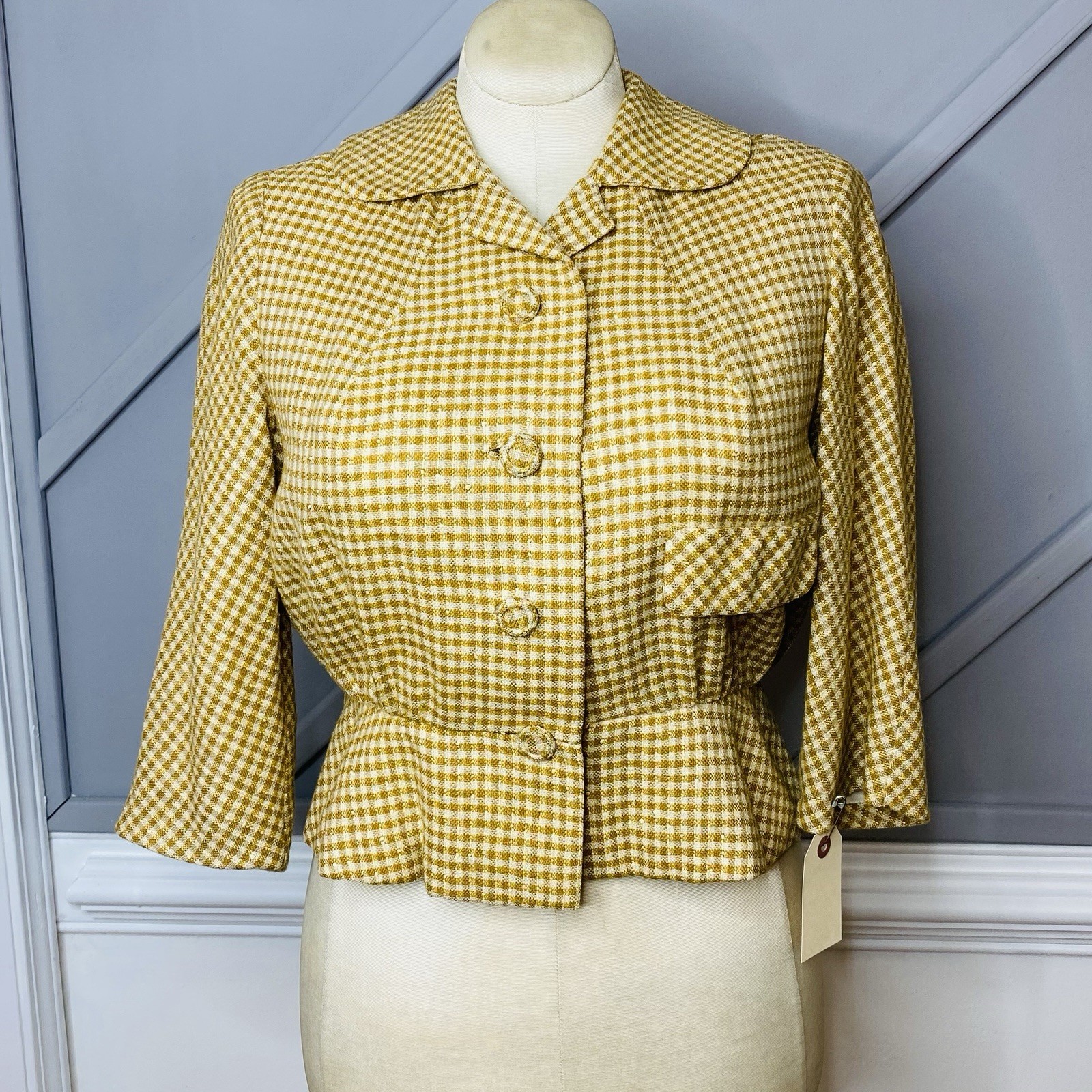 VTG 1950s Moordale Junior Suits Gingham Peplum Jacket Yellow White Check Kirvens