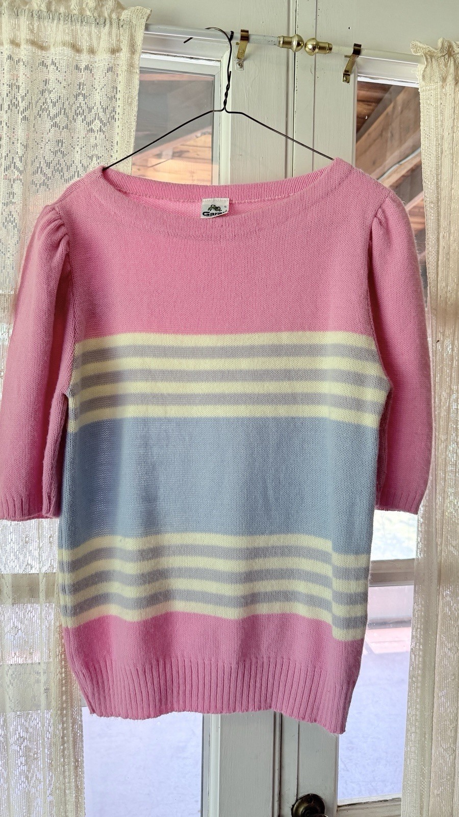 Vintage 80s Garan Pastel Striped Knit Sweater Top Pink Blue Yellow Puff Sleeve L
