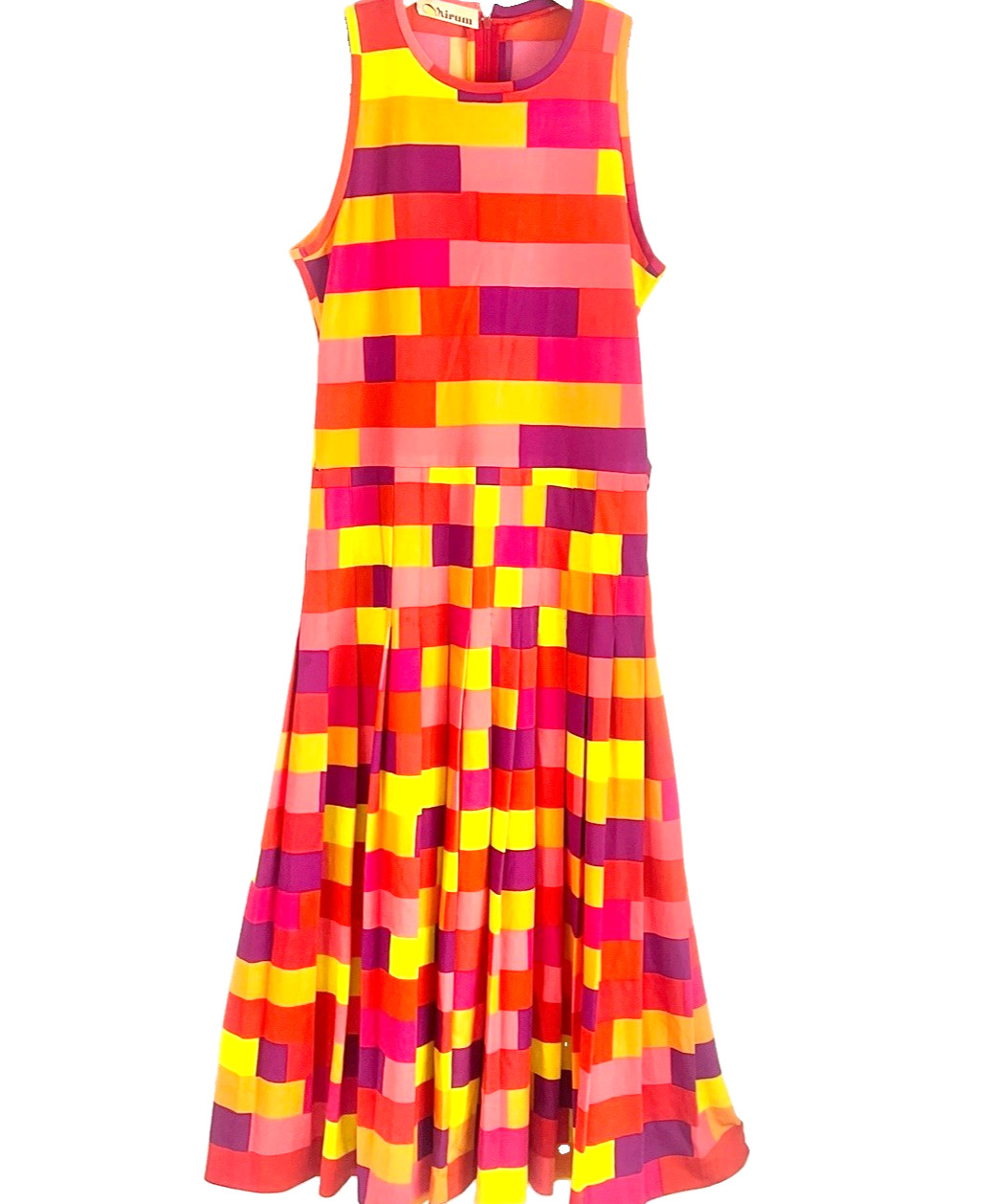 60s Colorblock Dress Pleated Drop Waist Geometric Mod Print Mirum Italy 46 Midi
