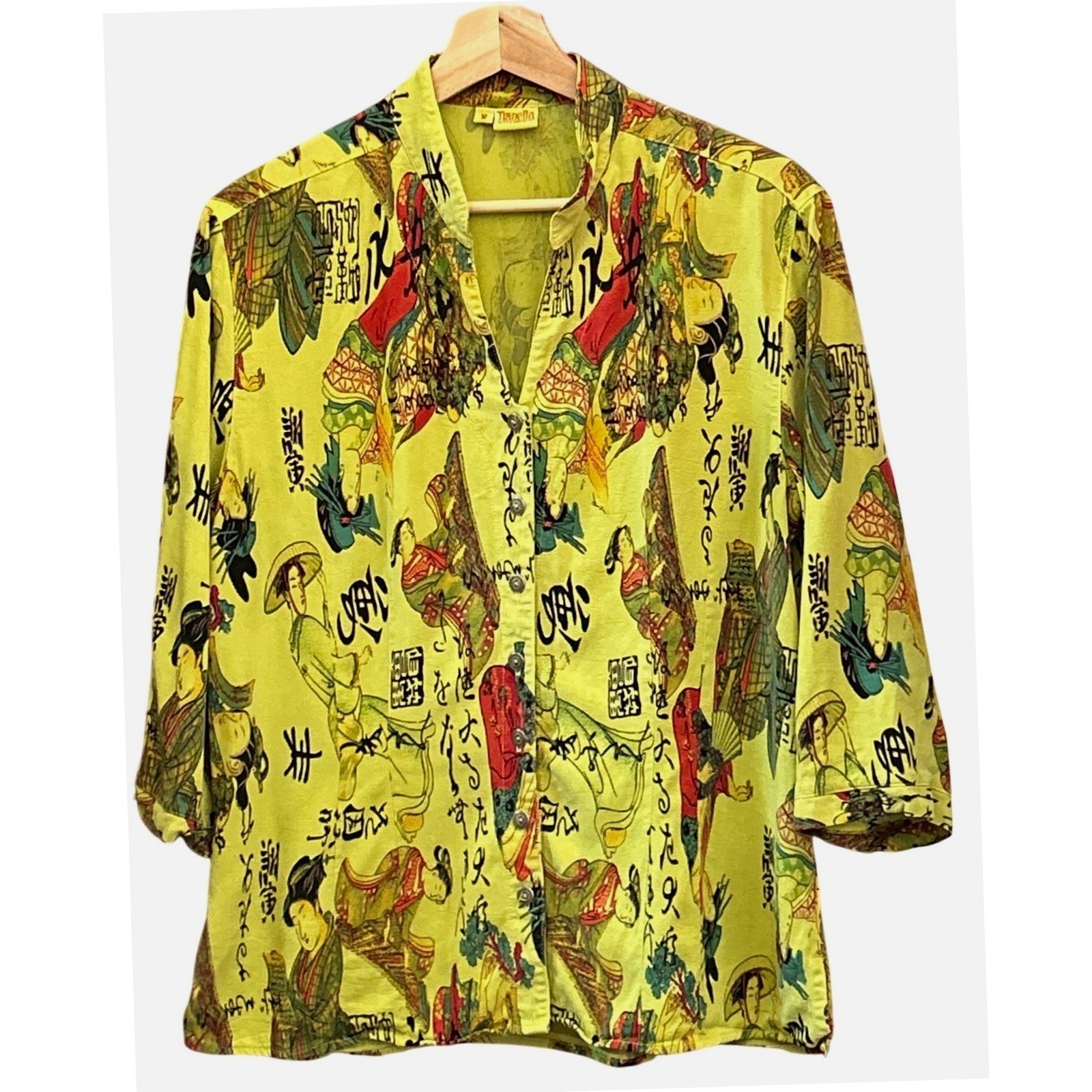 90s Tianello Button Up Shirt Japanese Art Print Geisha Chartreuse Green Medium
