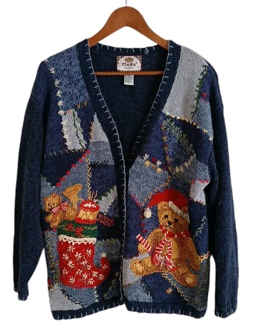 Vintage Tiara Sweater Teddy Bear Christmas Holiday Knit Blue Medium